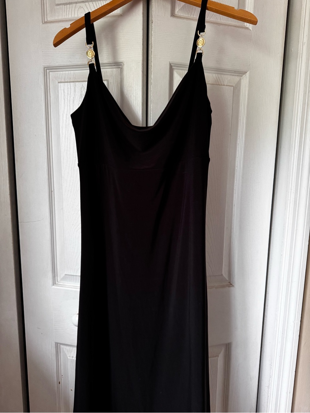 White House Black Market Black Slip Dress with Gold Accent Straps
